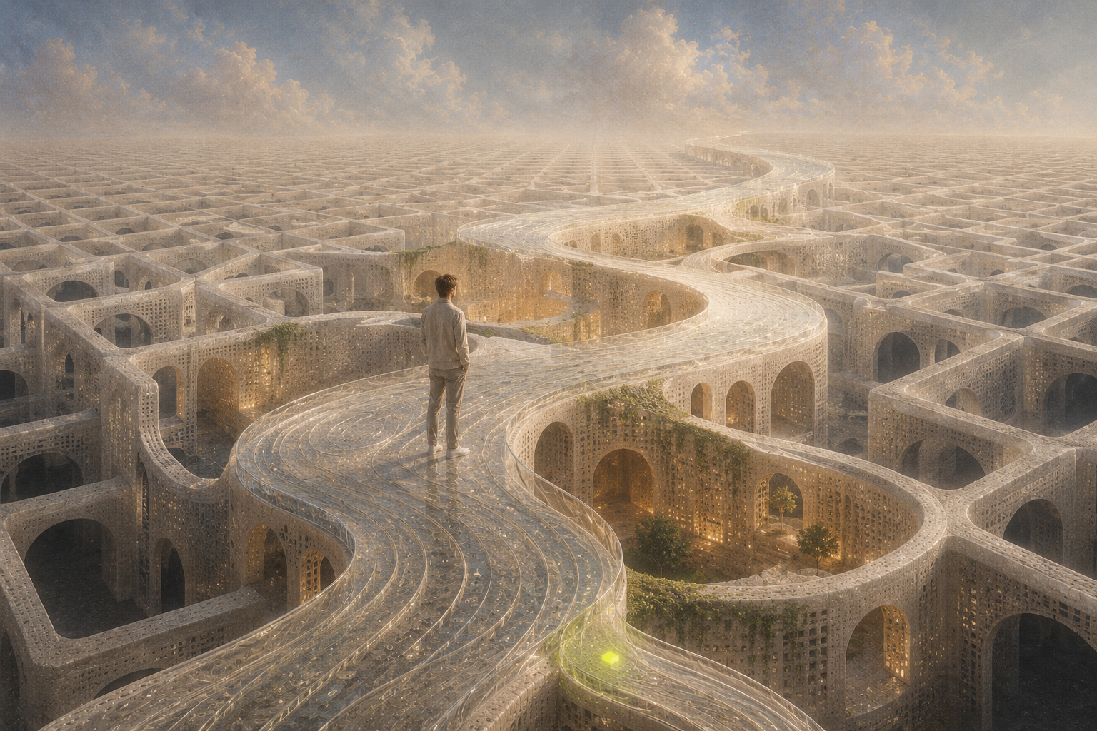 A distinctive flowing path crossing an otherwise uniform grid of stone rooms
