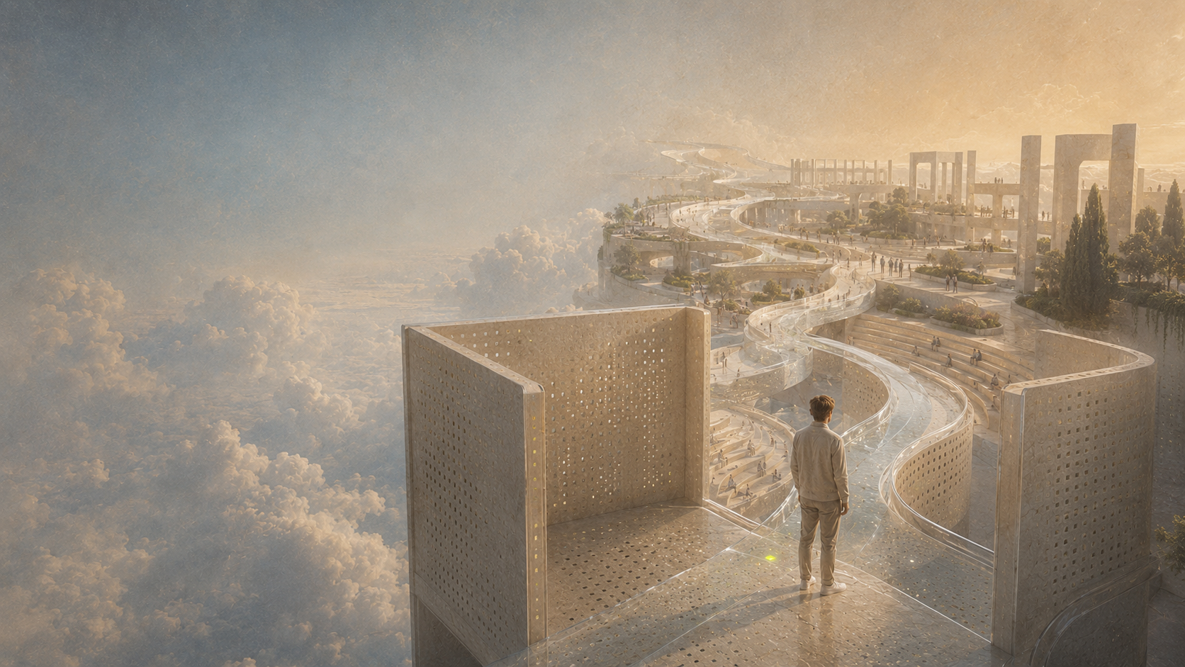 A figure stepping out of an open box towards a wide, winding path and a thriving landscape