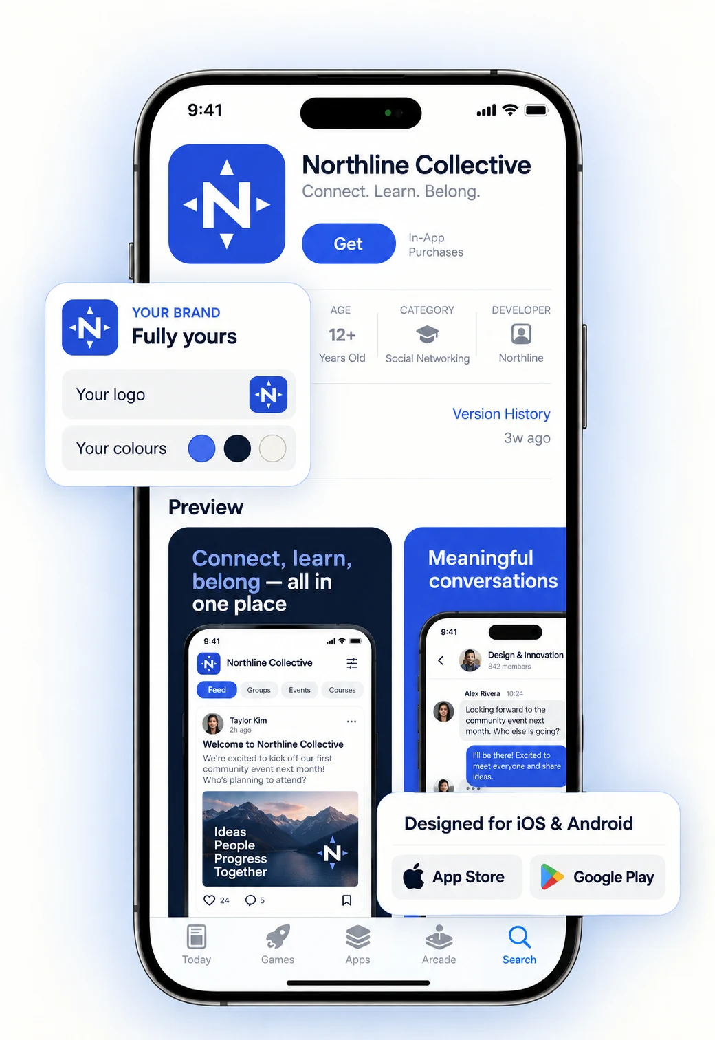 Northline Collective branded app showcase with custom logo, brand colours and community previews