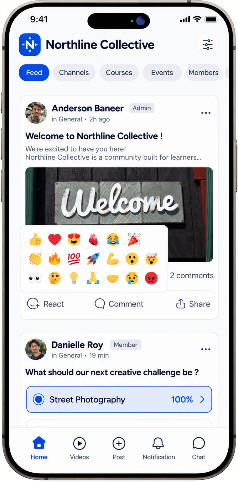 Community app showing a member feed with posts and conversations