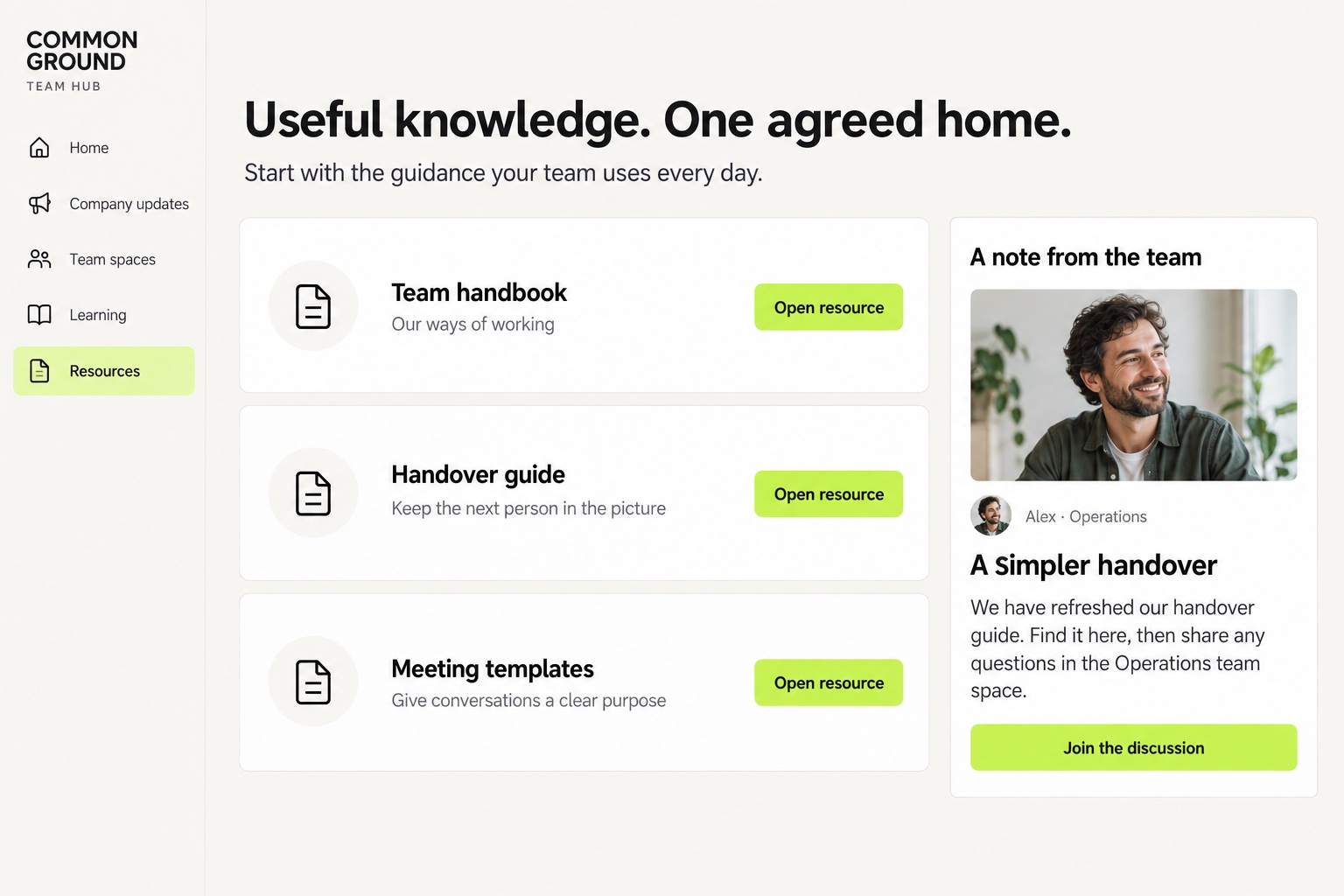 A company resource library includes a team handbook, handover guide and meeting templates beside an announcement explaining a refreshed handover process.