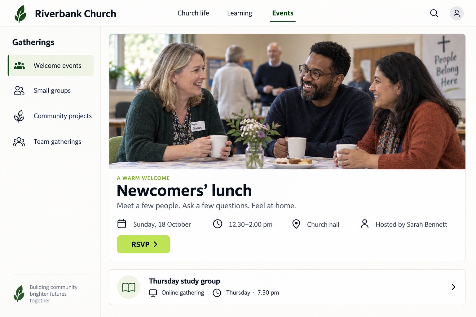 Riverbank Church events page showing a newcomers’ lunch, Sunday 18 October, 12.30 to 2 pm in the church hall, hosted by Sarah Bennett, with RSVP and an online Thursday study group