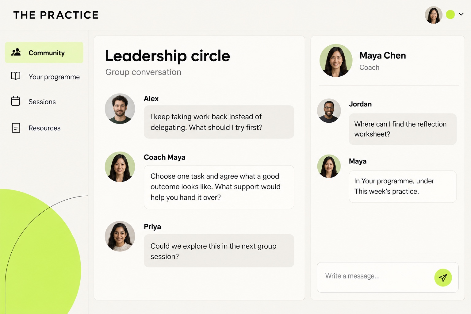 A leadership coaching circle discussing delegation, alongside a direct message asking the coach where to find a reflection worksheet