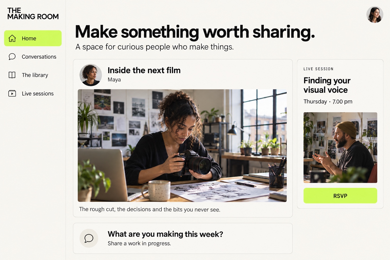 A creator community with member conversations and live experiences