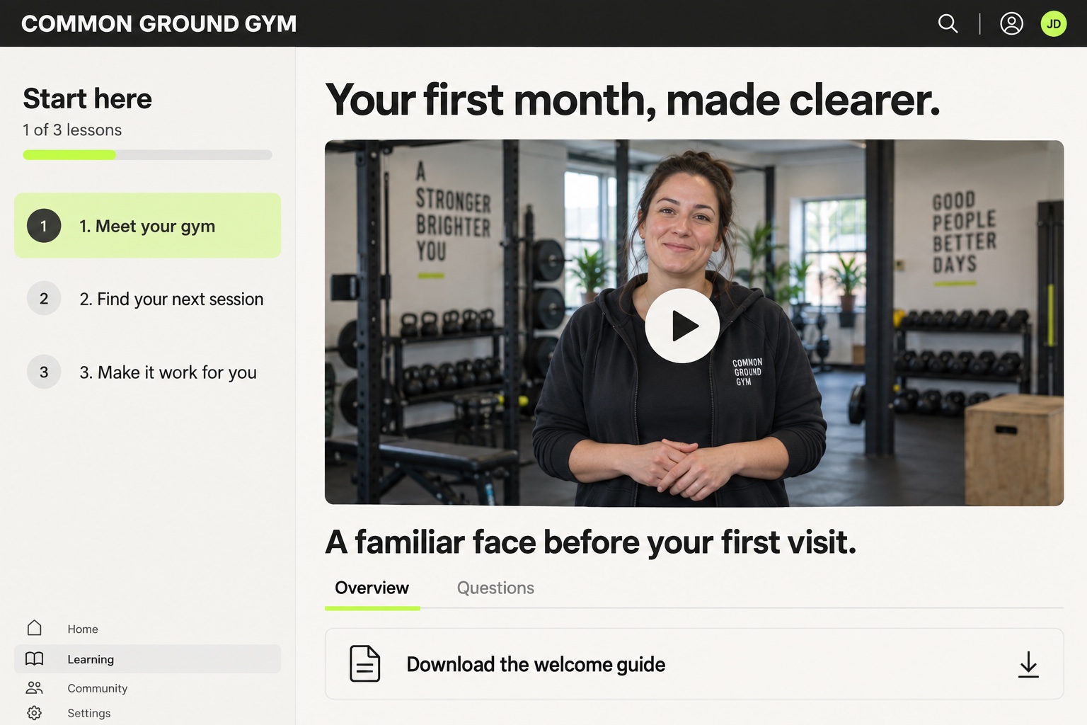 Common Ground Gym Start here course with three welcome lessons, a coach introduction video and a downloadable welcome guide.