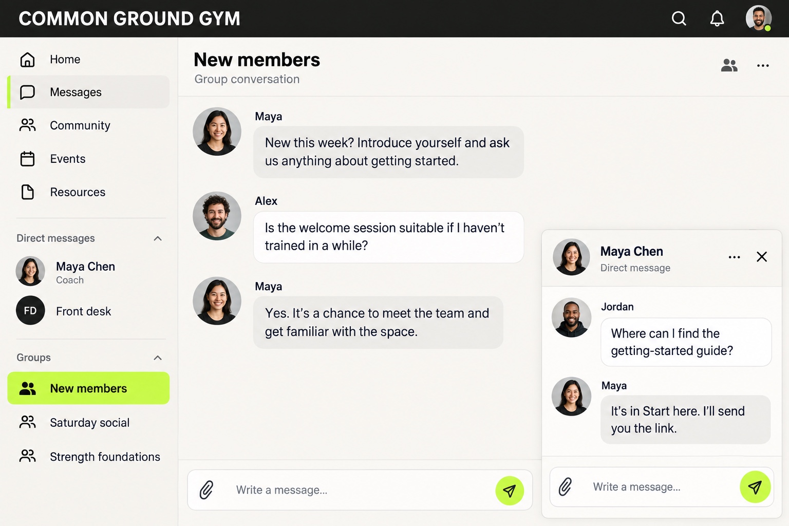 Common Ground Gym group chat: a coach welcomes new members and answers a question about the welcome session. A direct message helps a member find the getting-started guide.