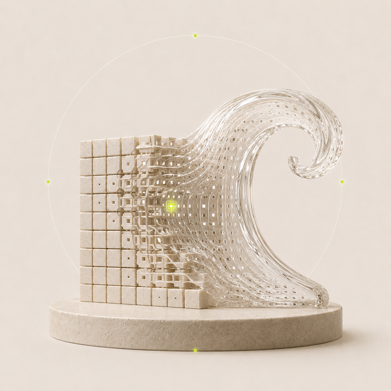 A rigid mineral wall transforms into a flowing glass wave